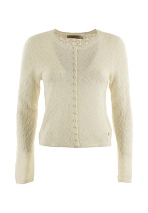 Crème kleurige cardigan met een gestructureerd ruitpatroon, ronde halslijn en parelknoopjes aan de voorkant. Lange mouwen en een aansluitend ontwerp.