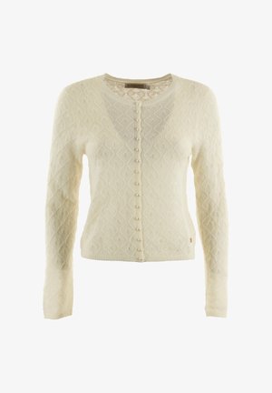 Crème kleurige cardigan met een gestructureerd ruitpatroon, ronde halslijn en parelknoopjes aan de voorkant. Lange mouwen en een aansluitend ontwerp.