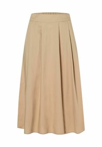 Jupe plissée beige en tissu doux. Elle présente une taille élastique et une silhouette fluide qui tombe à mi-mollet.