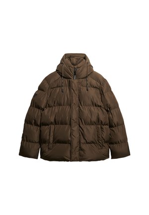 Giacca imbottita marrone con colletto alto, cappuccio con cordino, chiusura con zip e due tasche anteriori, caratterizzata da una superficie liscia e lucida.