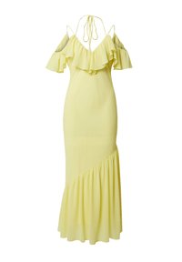 Geel chiffon jurk met off-the-shoulder ruches, aansluitende korsage en een uitlopende zoom met een diagonaal ruchedetail.