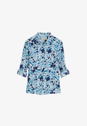 Camisa de manga larga azul claro con botones, con estampado floral azul oscuro y puños enrollados.