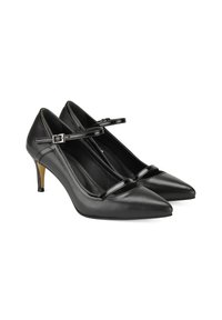 Chaussures à talons hauts en cuir noir avec des pointes fines, dotées de deux fines brides et d'un accent de talon doré. Texture lisse et design élégant.