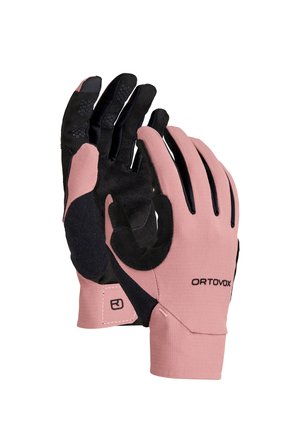 Pair of pink and black Ortovox gloves, showing front and back with reinforced palms and textured grip on fingers.