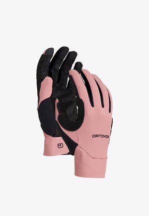 Paar pinke und schwarze Ortovox-Handschuhe, die Vorder- und Rückseite zeigen, mit verstärkten Handflächen und strukturiertem Grip an den Fingern.