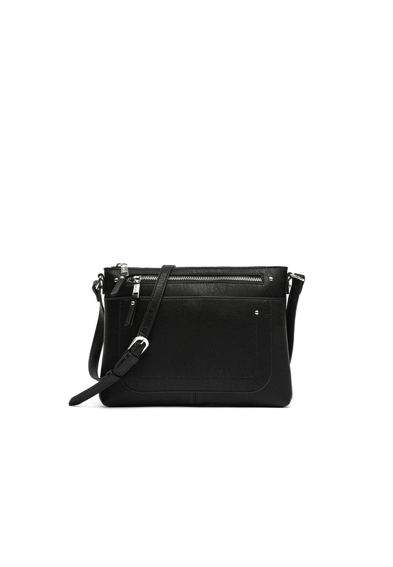 Sac bandoulière en cuir noir avec une poche zippée, une bandoulière réglable et un panneau avant. Présente une surface texturée et des accents en métal argenté.