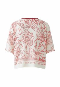 Witte gebreide trui met een rood schelp- en koraalpatroon, korte mouwen en de tekst "SEA LA VIE" langs de zoom.