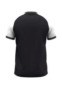 Zwart-wit polo shirt met korte mouwen, een effen zwarte achterkant, witte accenten op de mouwen en een klassiek kraagontwerp.