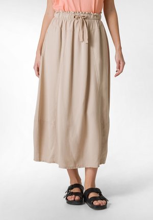 Beige, knee-length skirt with an elastic waistband and drawstring. Made of lightweight fabric, features stitched detailing and side pockets.