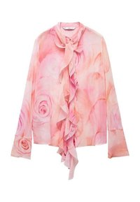 Blusa floreale rosa in tessuto leggero con dettagli arricciati sul davanti e maniche lunghe. Il design presenta morbidi motivi a rosa.