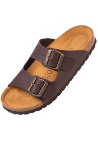 Sandali infradito in pelle marrone con due fibbie regolabili, soletta in sughero e suola in gomma testurizzata, caratterizzati da una finitura liscia e un design minimalista.