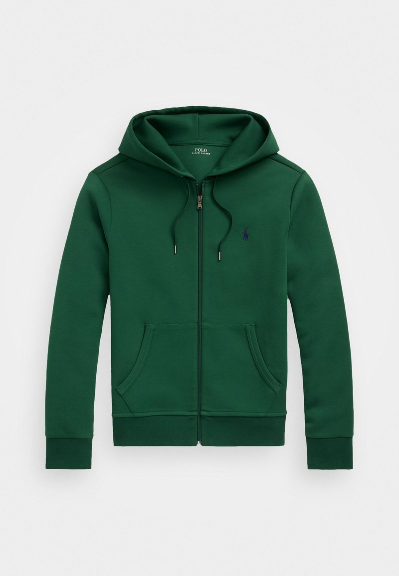 Grønn zip-up hoodie med en teksturert finish, med kengurulomme, justerbar snor og en liten logo på brystet.