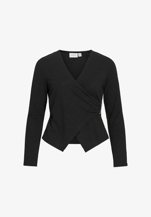 Juoda juosimu rankovių palaidinė su V formos iškirpte, užsegama šoniniais mygtukais, vidinėje apykaklėje prekės ženklo "VILA" etikete.