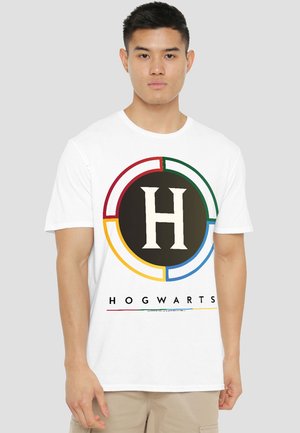 Young man wearing white t-shirt with large black circle, multicolored segments, letter H, and text "Hogwarts" on front.