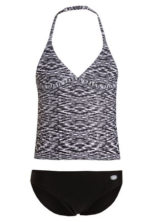 Black and white patterned halter neck tankini top paired with solid black bikini bottoms featuring a small logo on the side.