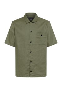 Camicia a maniche corte di colore verde oliva realizzata in tessuto testurizzato, con chiusura a bottoni, colletto e taschino sul petto decorato con un bottone nero.
