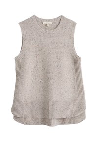Beige ärmelloser Strickpullover mit geripptem Saum, gesprenkelter Textur und rundem Ausschnitt. Verfügt über seitliche Schlitze am Saum.