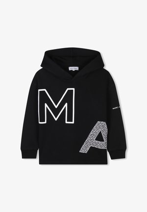 Felpa nera in cotone, con una grande "M" bianca e una "A" con un motivo e del testo. Design con cappuccio, maniche lunghe, polsini a coste.