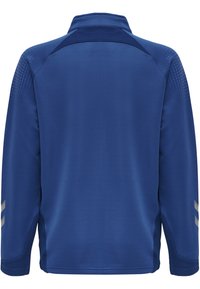 Langærmet blå sports T-shirt med krave, tekstureret stof, netdetaljer og to sølvstriber på siderne. Set fra bagsiden.