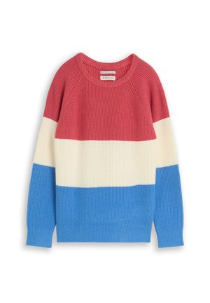 Sweter dziany z blokami kolorów w czerwonym, białym i niebieskim, z długimi rękawami i okrągłym dekoltem.