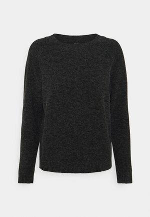 Maglione grigio scuro realizzato in tessuto a maglia testurizzato, con scollatura rotonda e maniche lunghe. Design semplice e privo di decorazioni.