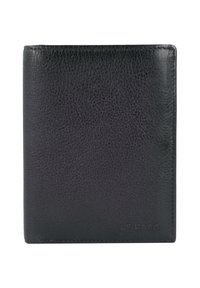 Black leather wallet with a textured finish. Bi-fold design features minimal hardware and a debossed logo in the bottom corner.