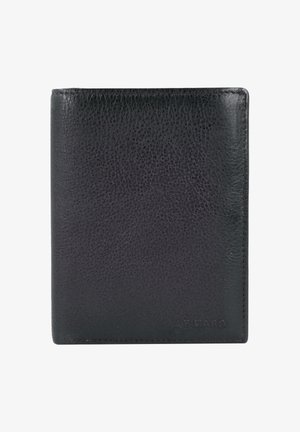 Schwarze Lederbrieftasche mit strukturiertem Finish. Das Bi-Fold-Design verfügt über minimalen Hardwareeinsatz und ein eingeprägtes Logo in der unteren Ecke.