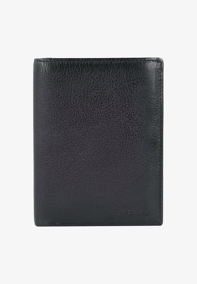 Black leather wallet with a textured finish. Bi-fold design features minimal hardware and a debossed logo in the bottom corner.