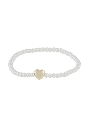 Bracelet made of small white pearls with a single gold heart-shaped charm at the center, displayed on a white background.