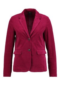 Magenta sametti bleiseri, jossa on kaksi etunappia, hihansuutnittaus, läpätaskut ja pitkät hihat, esitelty valkoista taustaa vasten.