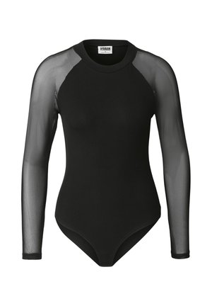 Body negro con mangas largas de malla transparente, escote redondo y diseño ajustado. Tejido de textura suave y silueta clásica.