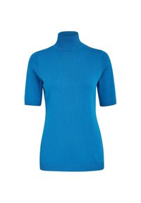 Kortärmad polotröja i klarblått, tillverkad av slätt stickat tyg. Har en figurnära silhuett och ribbade detaljer vid hals och nederkant.