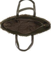 Olive green tote bag with textured outer fabric and smooth handles. Interior lined with brown fabric and features a zip pocket.