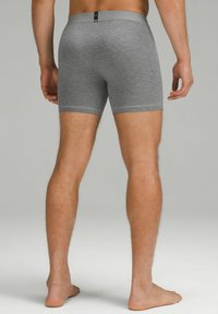 Boxer shorts de algodón grises con una cinturilla suave, que presentan un ajuste ceñido y aberturas de pierna sin costuras, vistos desde atrás sobre un fondo neutro.