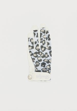 Gant blanc avec imprimé léopard noir et beige sur le dos, sangle ajustable avec bouton métallique et nom de la marque brodé.