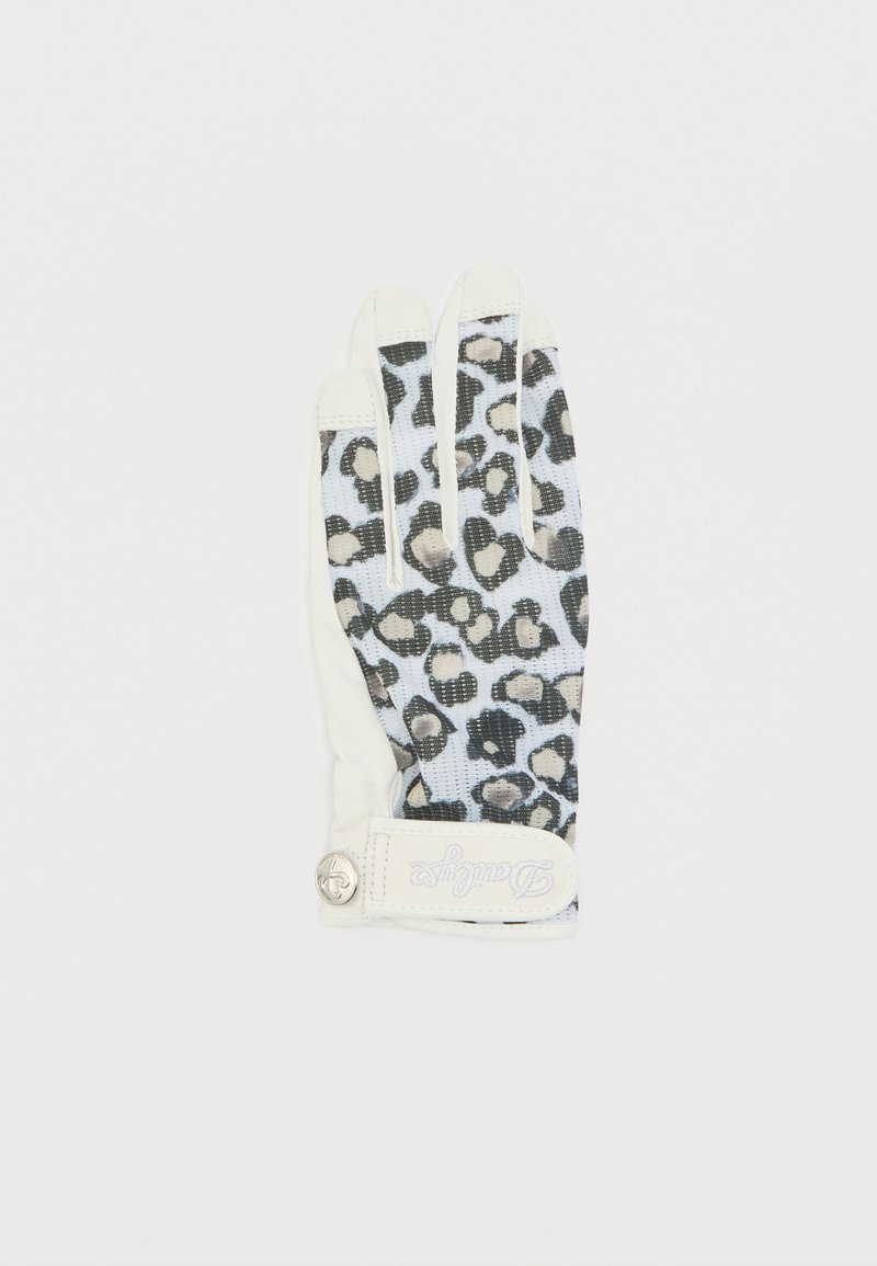 Λευκό γάντι με μαύρο και μπεζ σχέδιο λεοπάρ στην πλάτη, ρυθμιζόμενο λουράκι με μεταλλικό κουμπί και κεντημένο όνομα μάρκας.