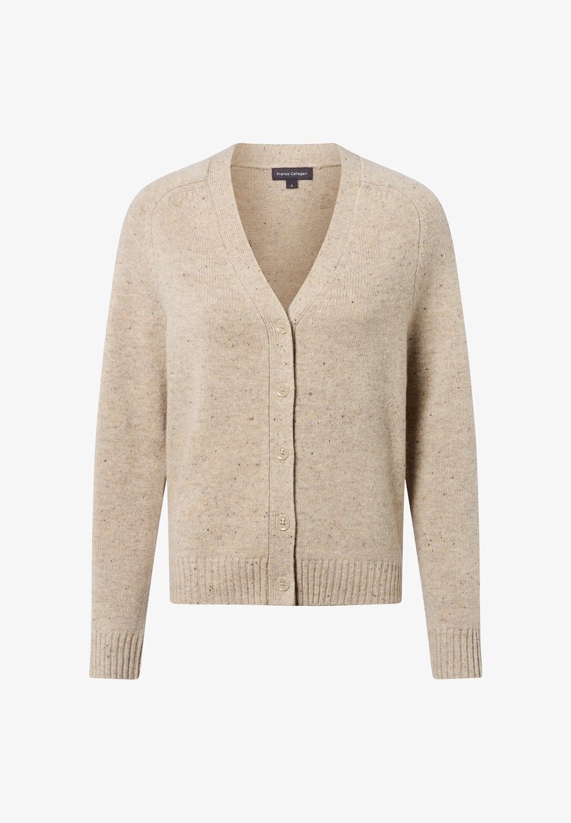 Beige gestrickte Strickjacke mit V-Ausschnitt, langen Ärmeln und Knopfverschluss. Mit gerippten Bündchen und Saum sowie einer subtil gesprenkelten Textur.