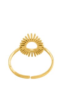 Goldfarbener Ring mit einem Sonnenstrahlen-Design, langen Strahlen, einem offenen Band und einer glatten, polierten Oberfläche.