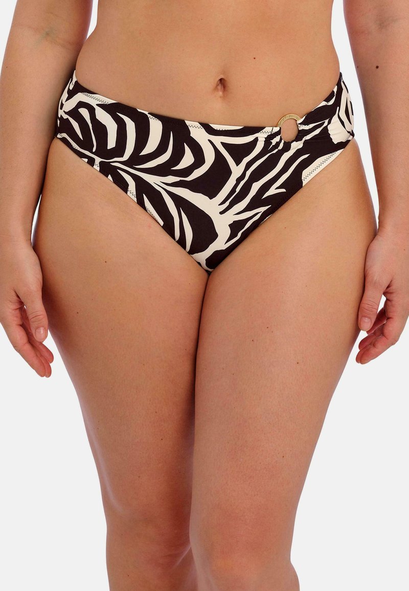 Vysoké bikinové spodní část v černé a béžové zebrované potisku, s kruhovým zlatým akcentem v pase a viditelným švem.