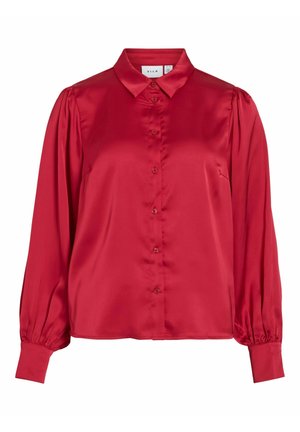 Red satin long-sleeve blouse with puffed shoulders, button-down front, pointed collar, and fitted cuffs.
