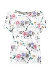 Short-sleeve white top featuring a floral pattern with pink, purple, and black flowers, accented by dot detailing and a relaxed fit.