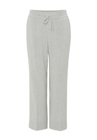 Light gray linen trousers with a relaxed fit, featuring an elastic waistband and drawstring, straight legs, and no visible patterns.
