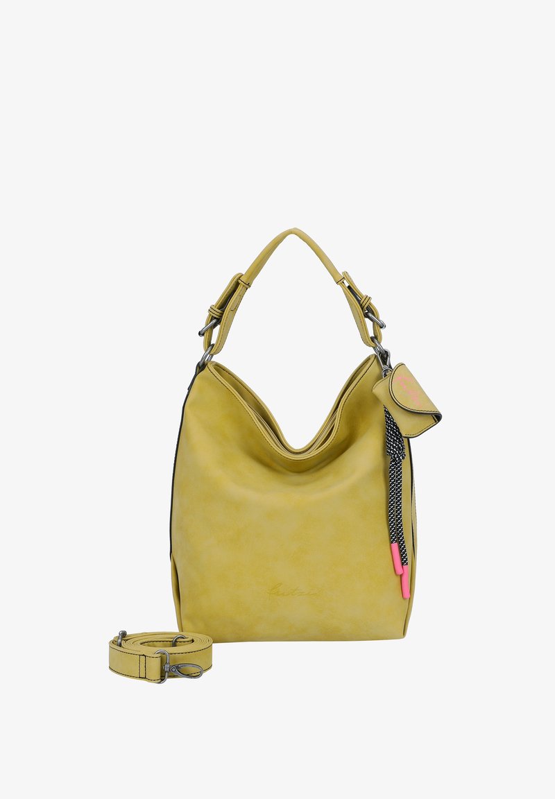 Sac hobo en cuir jaune avec une surface texturée, un design décontracté, une sangle amovible, et des accents de matériel contrastants en noir et rose.