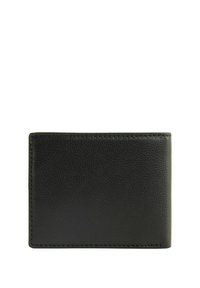 Zwarte leren portemonnee met een gestructureerde afwerking, met een bi-fold ontwerp en zichtbare stiksels langs de randen. Compact rechthoekig van vorm.