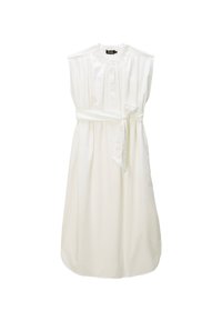 Robe blanche sans manches avec un col haut, une patte de boutonnage et une ceinture nouée à la taille. Fabriquée en tissu lisse avec une jupe fluide.