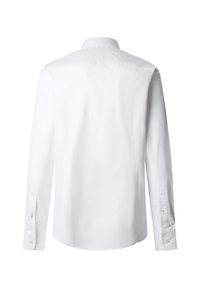 Weißes Langarmhemd mit klassischem Kragen, geknöpften Manschetten und glatter Textur. Das Design ist schlicht und ohne Muster.
