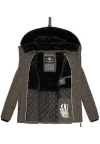 Dark green padded jacket with faux fur lining, featuring a quilted inner layer, white accents, and a decorative logo patch on the pocket.