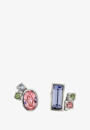 Zilveren oorbellen met roze en blauwe edelstenen in verschillende vormen,Accentuerend met kleine ronde groene en roze stenen.