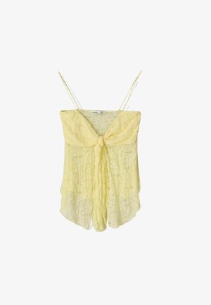 Gelbe Spitzen-Camisole mit einer Krawatten-Frontdetail, dünnen Trägern und einer fließenden Silhouette. Zarte Textur und weicher Stoff verleihen ein leichtes Aussehen.