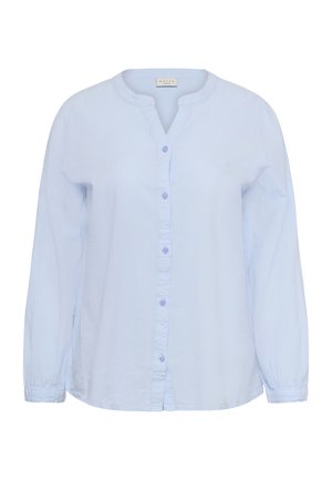 Blouse bleu clair à manches longues avec encolure ronde, fermeture boutonnée à l'avant et poignets légèrement froncés.